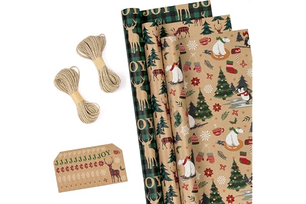 RUSPEPA Rouleaux De Papier D'Emballage De Noël Avec Étiquettes, Ficelle De Jute - 43 cm X 3 Mètres Par Rouleau, Total De 3 Rouleaux