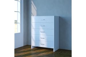 Home Source Chest of Drawers White Bedroom Furniture 5 Drawer Silver Handles Metal Runners