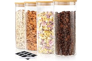 FoiiLiio 1000ml Tarros de Cristal Hermético Juego de 4 Botes de Cristal con Tapa de Bambu, para Cereales Judías Avena - Φ8.5x20cm