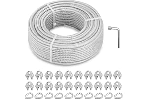 hannger 5MM Wire Rope Kit, 30M PVC Coated Steel Cable Guide Wires Tensioner Strainer Kit w/ 7×7 Strand Core Steel Wire for String Light Hanging/Decking & Stair Railings/Shade Sails/Clothes Line