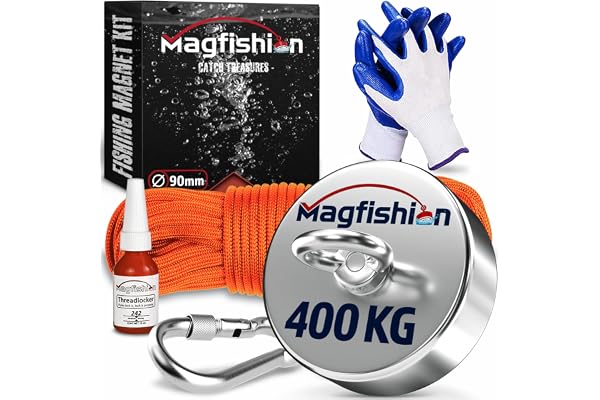 MAGFISHION Set Magnetfiske - Dragkraft 400KG - Ø90mm Fiskemagneter | Neodym Magnet med Rep (20M) & Handskar - Perfekt för Magnetfiske - Ögonmagnet