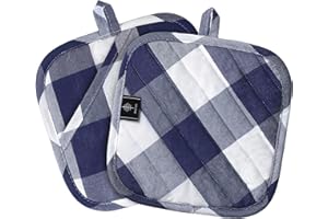 BONTHEE Presine in cotone con tasche, presine da 20,3 cm, resistenti al calore, per cucinare e cuocere in cucina, motivo scozzese blu, 2 pezzi