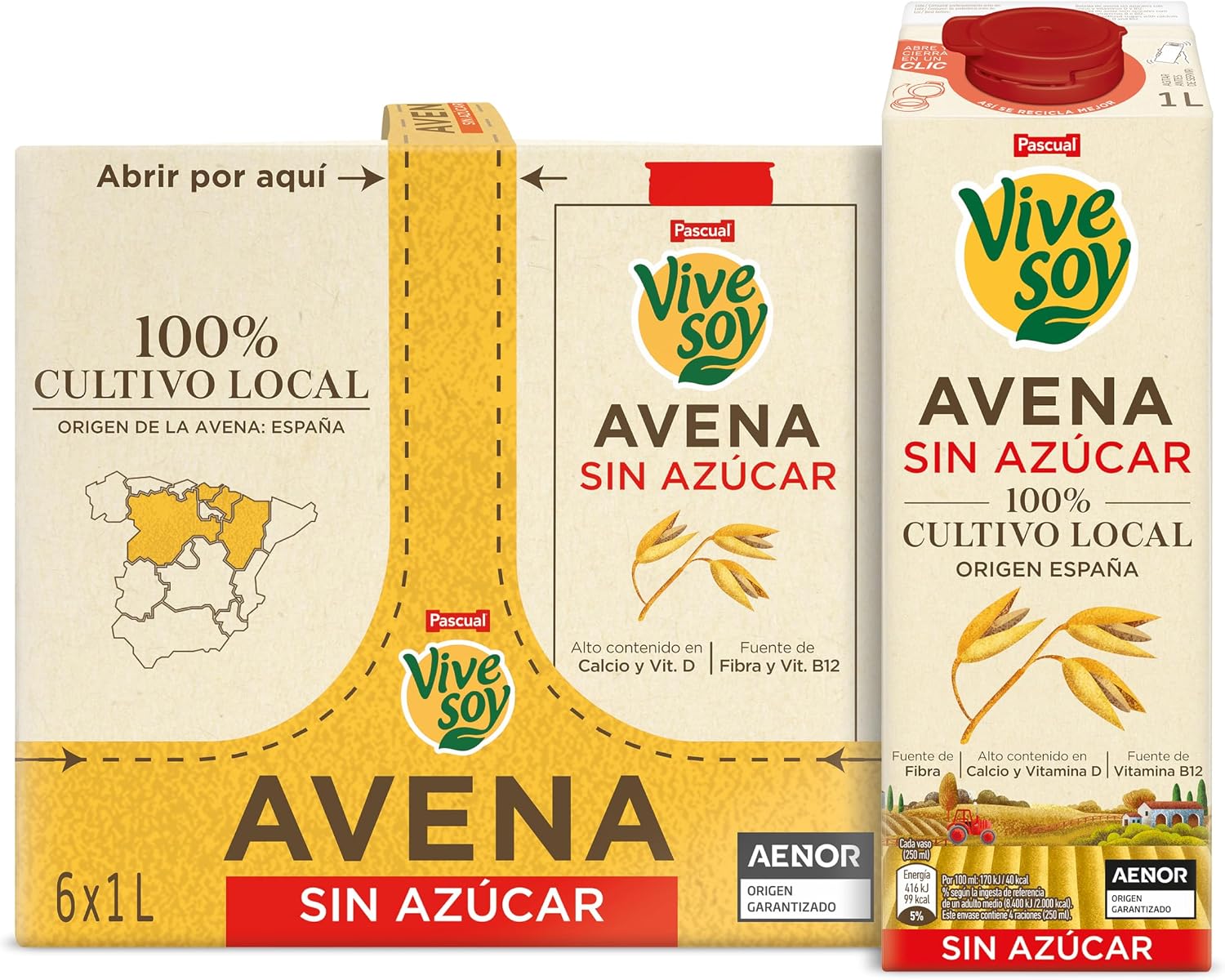 Vivesoy - Bebida Vegetal de Avena Sin Azúcar 100% Cultivo Local - Pack 6 x 1L