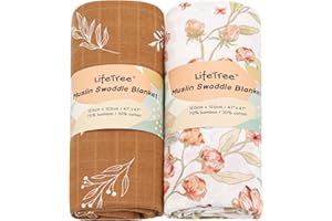 LEBZE LifeTree 2 Pack Copertine in Mussola di Cotone Bambù, 120x120cm Neonati Multiuso, il Panno è Asciugamani, Swaddle, Telo Allattamento | Copertura per Passeggino Fiori/Foglie