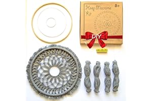 MANDALA LIFE ART DIY Round Macrame Wall Hanging Kit - Gray 35cm - Make Your Own Mandala Hanging with All-Natural Materials - Creative Activity Set Includes Wooden Hoop Metal Rings Rope and scale.