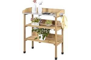 Yaheetech Table de Rempotage Extérieure en Bois Table pour Semis Bois Sapin avec Étagère de Rangement 3 Crochets Latérales Couleur Bois