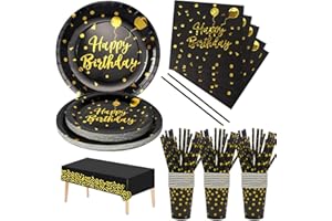 Nkaiso Anniversaire Party Vaisselle,121pcs Noir Or Kit Vaisselles Papier Assiette Tasse Serviette, Enfants Fête Anniversaire Décoration -24 invités