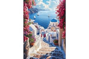 QQYRHN 5D DIY Santorin Kits de Peinture Diamant, Complète Mer Égée Diamond Painting pour Adulte Débutants, Église Art du Diamant, Décoration Murale Maison Peinture au Diamant Avec 30x40cm