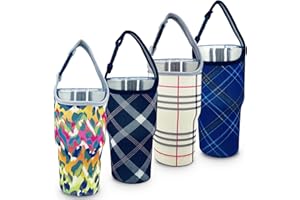 AICMEI 4 Pack 30oz Tumbler Carrier Holder Pouch with Carrying Handle, Fits all 30 oz coffee mugs Neoprene Insulator Cup Sleeve, Reusable - Leopard print/beige/black lattice/blue lattice