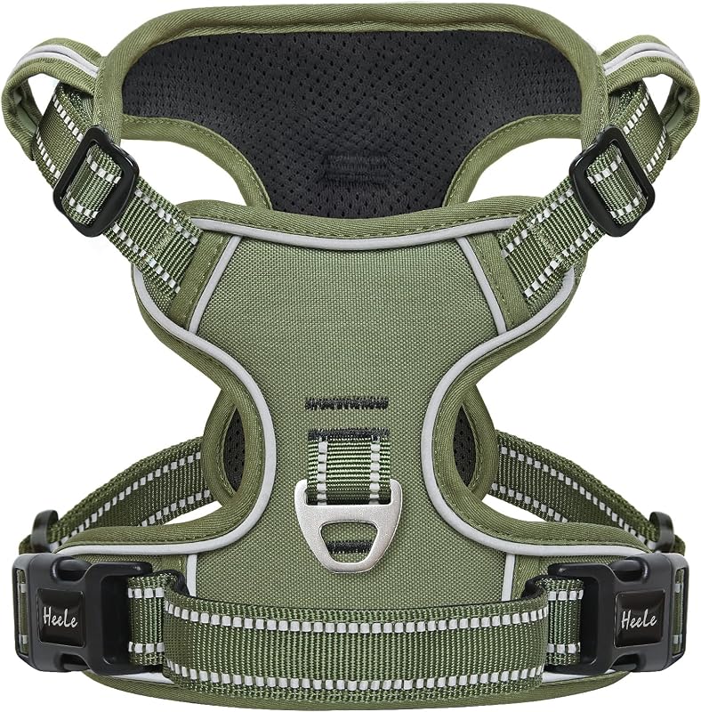 HEELE Dog Harness, Reflective Dog Harness, with Padded Handle Control, 2 Metal Rings, Harness for Small Medium and Large Dogs, Green, M