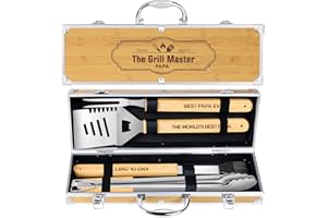 Papa Geschenke,4 Stücke BBQ Grillbesteck Set Edelstahl Grillzubehör für Männer Geschenk Geburtstag Hochwertiger Grillutensilien Set Koffer mit Grillkoffer für Garten und Camping