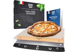 CLP Pierre À Pizza en Cordiérite avec Livre De Recettes I pour Four, Grill 38x30 CM I Seule Ou en Set avec Pelle À Pizza Et Coupeur, Contenu du Set:Pierre à Pizza+découpeur
