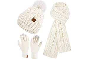 ZASFOU Donna Cappello Invernale Sciarpa Guanti Touch Screen Set Caldo Ciniglia Pompon Maglia Berretto Cappelli Pile Foderati Scaldacollo Guanto Regalo per Donna