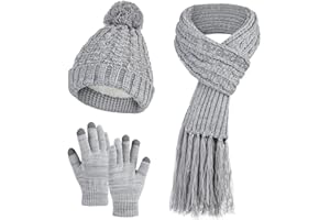 DiaryLook Beanie Hat 3 in 1 Warm Long Scarf Touchscreen Glove Set of 3 Winter Thick Chunky Knitted Pom Cap