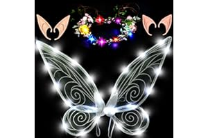 Tacobear Leuchtende Feenflügel Mädchen Damen Schmetterlingsflügel Elfenflügel Verkleiden mit Elfenohren Blumenkranz Halloween Kostüm Karneval Cosplay Geburtstag Fee Party (Weiß)