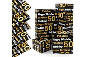 50th Birthday Gift Wrapping Paper Sheets,QRTDXP 5pcs 50 * 70cm Black and Gold Large Gift Wrap Perfect for Wrapping Present or Flower for Man or Woman