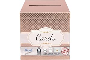 Merry Expressions Rose Gold Wedding Card Box for Party, Wedding, Birthday, Graduation, 25 x25 cm - Large Post Box for Cards & Notes - Wedding Gift Card Box with White & Gold Satin Ribbon & Cards Label