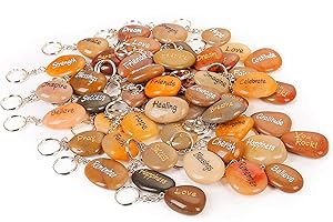 ROCKIMPACT 50PCS Inspirational Stones Key Chains, Wholesale Lot, Engraved Natural River Rock Key Rings, Healing Stone Keychain Bulk, Different Words Assorted Sayings (50 Pieces)