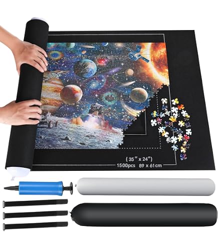 Tapis à Puzzle Roulable 1000/1500 Pièces – Feutre Antidérapant – 116 X 66 Cm – Avec Repères Dimensionnels – Noir