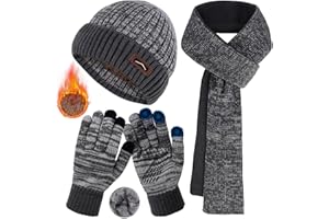 BITOYO Hat and Scarf Set Mens - 3 In1 Winter Beanie Hat Thermal Touch Screen Gloves with Fleece Lined Warm Hat Scarf Set Unisex, Men's Scarves Gloves Long Scarf Neck Cold Winter Set Mens Dad Gifts