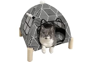 Nockovi 2-in-1 Katzenzelt Holzrahmen Katzenbett Schnelle Montage und Demontage Tragbares Indoor/Outdoor Haustierzelt Haus für Katzen, Welpen und andere Kleintiere-Schwarzes Rautenmuster