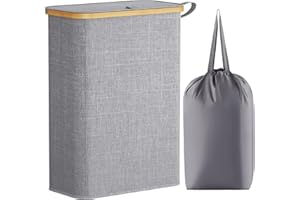 ‎LIFEWIT Lifewit 50 L slim kosz na pranie z pokrywką, wąski kosz na pranie z wyjmowaną torbą i bambusowymi uchwytami, składany kosz na brudne ubrania do sypialni, łazienki, akademika, pralni, Szary