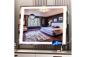 Hasipu Vanity Mirror with Lights, 55 x 45cm LED Makeup Mirror, Light up Mirror with 10X Magnification and USB, Phone Holder, Smart Touch 3 Colors Dimmable, 360° Rotation (Right Angle Black)