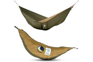 ‎TICKET TO THE MOON Fallschirmhängematte Original - Das Original seit 1996 | ARMEEGRÜN/BRAUN | Multitalent und Leichtgewicht | 320 x 200 cm, nur 600 g | Schneller Aufbau < 1min | Camping, Hängematte