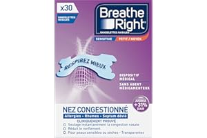 Breathe Right Sensitive - Bandelette nasale - Taille M/S - Sommeil : aide à réduire les ronflements - Rhume, allergies, sport : vous aide à mieux respirer - Convient aux peaux sensibles, 30 pièces