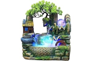 KINHALL Zimmerbrunnen mit LED-Beleuchtung, mit Kristallkugel, Springbrunnen mit Nebel, Zimmerbrunnen, Gartenaquarien, Harz-Tischbrunnen, Zen-Licht-Zimmerbrunnen mit Pflanzen, Luftbefeuchter, Desktop-Bonsai