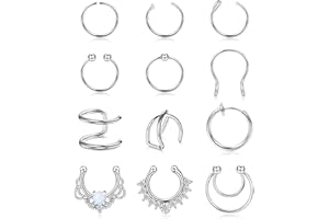 Kakonia 12 Pcs Faux Anneaux De Nez Cerceau En Acier Inoxydable Faux Septum Piercing Clip Sur Nez Septum Anneau Faux Non Percé Nez Anneaux Boucles D'oreilles Bijoux