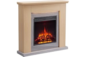 BALDERIA Chimenea Eléctrica Pandora | Calefacción 1000/2000 W | Efecto de Llama 3D | Iluminación LED | Mando a Distancia programable, Temporizador, Termostato | Roble Claro