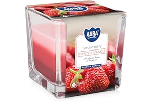 BISPOL Świeca zapachowa w szkle, trójkolorowa, słodki zapach: TRUSKAWKI, 8 x 8 x8 cm