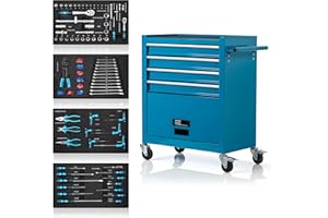NTG Chariot d'atelier avec Outils 70 pièces - 4 tiroirs + Grand Compartiment - tiroirs sur roulements à Billes - sécurité de Transport - 2 roulettes avec Frein de stationnement - Chariot à Outils