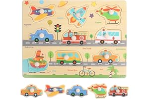 Plliocse Wooden Jigsaw Puzzles for Kids, Traffic Animals Peg Puzzles Toy for Toddler 1 Year Old, Preschool Educational Puzzle Jigsaw Toys, Full-Color Pictures (A-503)