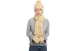 Jarseila Ensemble Bonnet Echarpe Gant d'hiver Femme 3 pièces Echarpe Tricotée Pompon Beanie Foulards Gants à Écran Longue