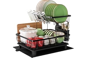 QIENRRAE Dish Drainer Rack, 2 Tier Stainless Steel Dish Drying Rack with Drip Tray and Drying Mat, Sink Plate Drainer Rack with Utensils Holder, Swivel Spout, Kitchen Draining Board Rack for Kitchen, Black