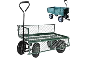 GLOBEWOLF Garden TRAILER Cart with Liner Pull Along Trolley Heavy Duty Green Mesh Utility Gardeners Wagon, Removable Folding Sides, Pneumatic Tyres, Outdoor Cart for Gardening, Festivals, Camping 200Kg Loading