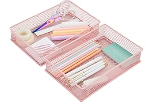 Annova Mesh Drawer Cabinet and Shelf Organizer Bins Storage Basket School Office Supply Holder Tray- Set of 2 (Light Pink, 23x15x5 cm)