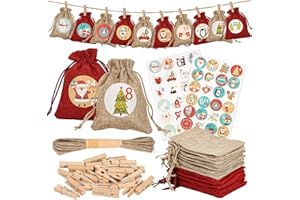 JANUIXCO Calendrier de l'avent - Calendrier de l'avent à Remplir - Advent Calendar 2025 avec 24 Sacs, 24 Pinces en Bois, 5m de Ficelle et Autocollants