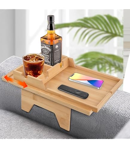 Dienblad voor bank, bamboe, tafel met bekerhouder, opvouwbare armleuning, dienblad, clip op brede banken voor eten, dranken, snacks, afstandsbediening, geen installatie (bruin