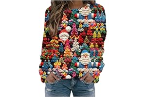LCIWSQRTEK Sudaderas Navideñas Mujer, Divertido Reno Estampado Jersey Navideño Mujer - Camiseta Navidad Mujeres Manga Larga - Cuello Redondo Ugly Xmas Blusas Festival Fiesta Christmas Jumper Año Nuevo-6