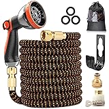 50FT Expandable Garden Hose, Upgraded 3-Layer Latex Hose Pipe, 3/4"&1/2" Solid Brass Connectors, Durable 3450D Weave, No-Kink