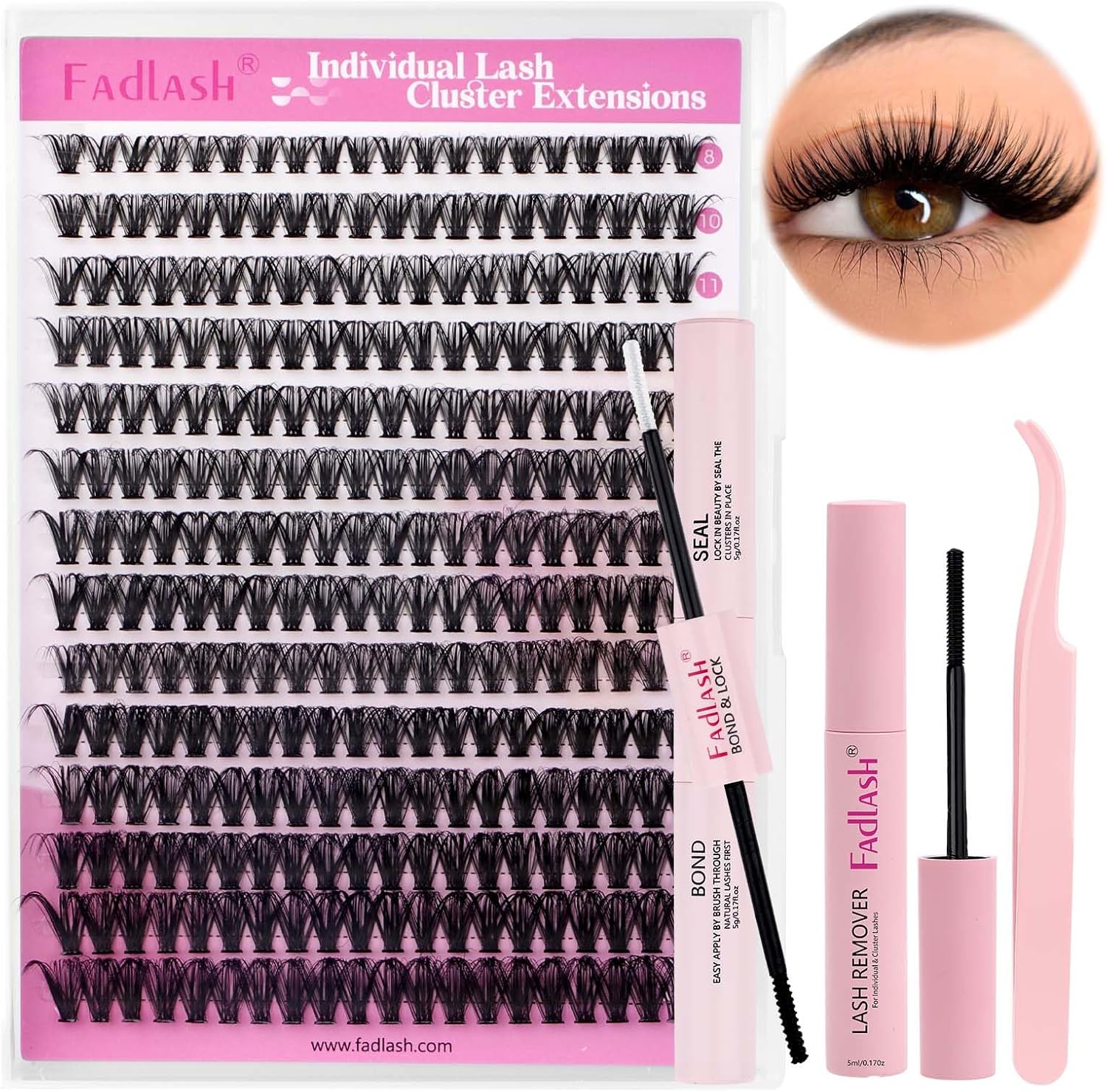 FADLASH Kit Pestañas Postizas Individuales 200pcs 40D 8-16mm, Bond and Seal, Removedor Pegamento Pestañas, Pinzas de Pestañas Bricolaje en Casa
