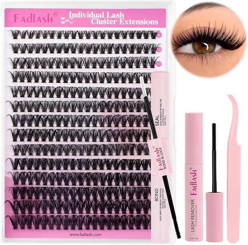 FADLASH Kit Pestañas Postizas Individuales 200pcs 40D 8-16mm, Bond and Seal, Removedor Pegamento Pestañas, Pinzas de Pestañas Bricolaje en Casa
