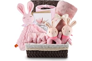 ZXShow Coffret Naissance Mixte Bébé Cadeau Naissance Nouveau-né Coffret Cadeau Bébé avec Couverture 70x100 cm Doudou Hochet Bavoir Chaussettes (Bébé Fille - Rose)