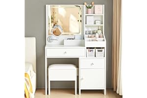 JYMTOM Schminktisch mit LED Beleuchtung Spiegel, Verstellbarer Helligkeit, Kosmetiktisch mit 2 Schubladen, Frisiertisch mit Hocker und drehbarem Spiegel, Massivholz, 130x87x36 cm (weiß C)