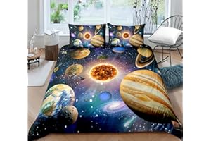 Timiany Kinder Bettwäsche Set Sonnensystem Planet Jungen-Teenager-Bettbezüge Mit Reißverschluss 135x200cm+80x80cm Planeten & Sterne Mikrofaser Bettbezug (Universum-D,135x200+50x75)