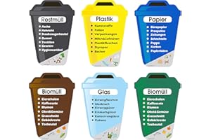 P038 PrintAttack Mülltrennung Aufkleber Set Deutsch oder Englisch für Mülltonne, Vinyl, verschiedene Größen Kratz, Wetter & UV-Schutz für innen und außen Plastik Glas Papier Restmüll Bio (V1_6er Set)