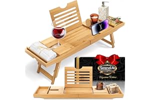 SereneLife 2-in 1 Ablage als Badewannenablage & Betttisch – Klappbares Badewannentablett Länge & Höhe Verstellbar – Wasserdichtes Betttablett für Bett & Badewanne – Robustes Sofa Tablett aus Bambus